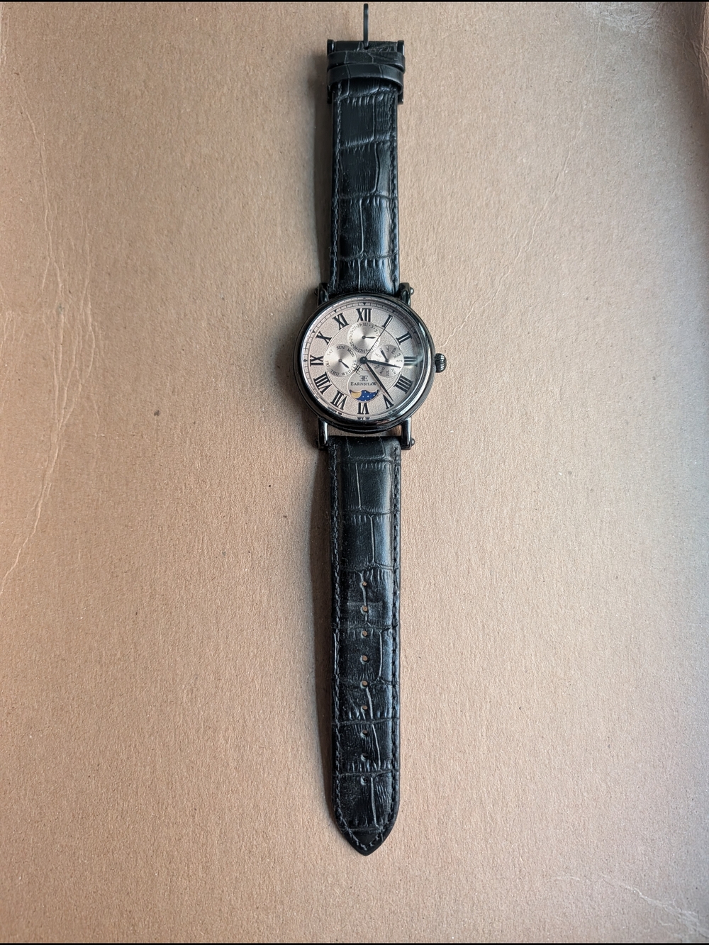 Thomas Earnshaw Maskelyne Quartz watch, Roman Dial, Black Leather Strap